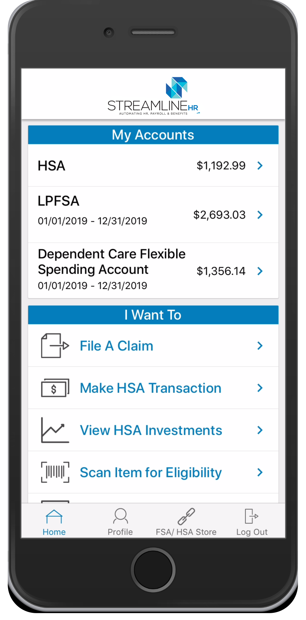 WEX Health Cloud Mobile App_multi account Home Screen – STREAMLINE LOGO